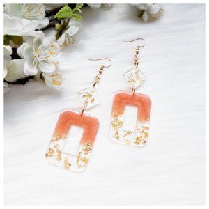 Handmade Earrings Peachy Melon Pink & Gold Foil Rectangle Resin Dangle Earrings